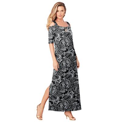 Plus Size Women's Ultrasmooth Cold Shoulder Maxi Dress by Roaman's in Black White Floral (Size 22/24)