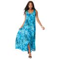 Plus Size Women's Button-Front Crinkle Dress with Princess Seams by Roaman's in Deep Turquoise Tie Dye Floral (Size 42/44)