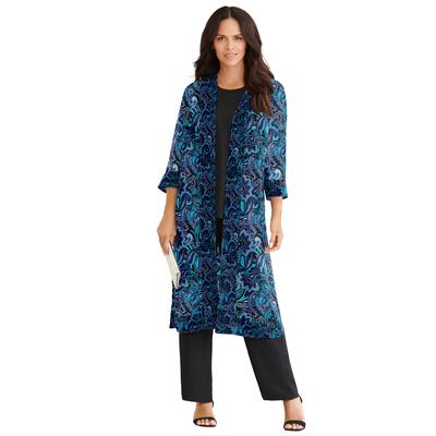 Plus Size Women's Three-Piece Duster & Pant Suit by Roaman's in Black Layered Paisley (Size 16 W) Formal Sheer Duster Pull On Wide Leg