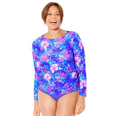 Plus Size Women's Chlorine Resistant Side-Tie Adjustable Long Sleeve Swim Tee by Swimsuits For All in Electric Purple Iris (Size 10)