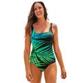 Plus Size Women's Chlorine Resistant Square Neck Tummy Control One Piece Swimsuit by Swimsuits For All in Green Electric Palm (Size 10)