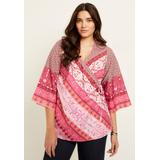 Plus Size Women's Faux-Wrap Kimono Top by June+Vie in Pink Patchwork Stripe (Size 18/20)