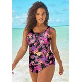 Plus Size Women's Sarong-Front Swimsuit by Swim 365 in Pink Neon Floral (Size 16)