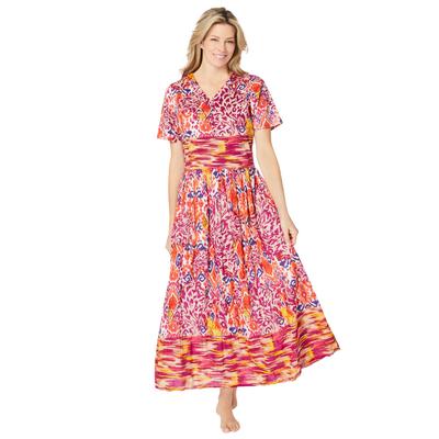 Plus Size Women's Long Crinkle Cotton Lounger by Only Necessities in Raspberry Ikat (Size 4X)