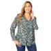 Plus Size Women's V-Neck Blouse by Jessica London in Olive Multi Feather (Size 26 W)