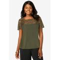 Plus Size Women's Stretch Lace Neckline Top by Jessica London in Dark Olive Green (Size S)