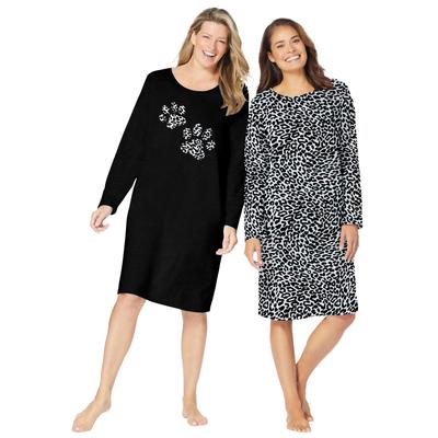 Plus Size Women's 2-Pack Long-Sleeve Sleepshirt by Dreams & Co. in Black Animal Paw (Size M/L) Nightgown