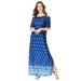 Plus Size Women's Ultrasmooth® Fabric Cold-Shoulder Maxi Dress by Roaman's in Blue Border Print (Size 30/32) Long Stretch Jersey