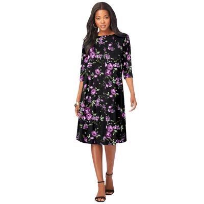 Plus Size Women's Ultrasmooth® Fabric Boatneck Swing Dress by Roaman's in Purple Rose Floral (Size 14/16) Stretch Jersey 3/4 Sleeve Dress