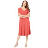 Plus Size Women's Ultrasmooth® Fabric V-Neck Swing Dress by Roaman's in Sunset Coral (Size 42/44) Stretch Jersey Short Sleeve V-Neck