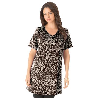 Plus Size Women's Short-Sleeve V Neck Ultimate Tunic by Roaman's in Chocolate Beige Animal (Size L) Long T-Shirt Tee
