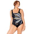 Plus Size Women's Chlorine Resistant Square Neck Tummy Control One Piece Swimsuit by Swimsuits For All in Black Gold Starburst (Size 12)