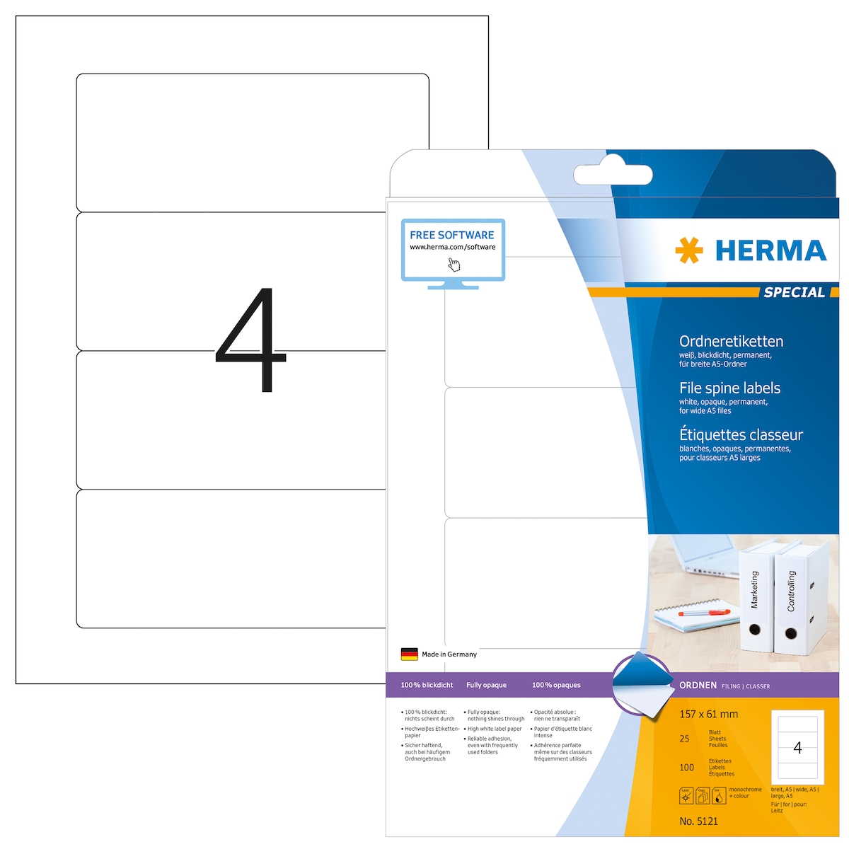 Herma Ordnerrückenschilder permanent haftend 157 x 61 mm weiss 25 Bl 100 Etik. LaserInkCopy Image