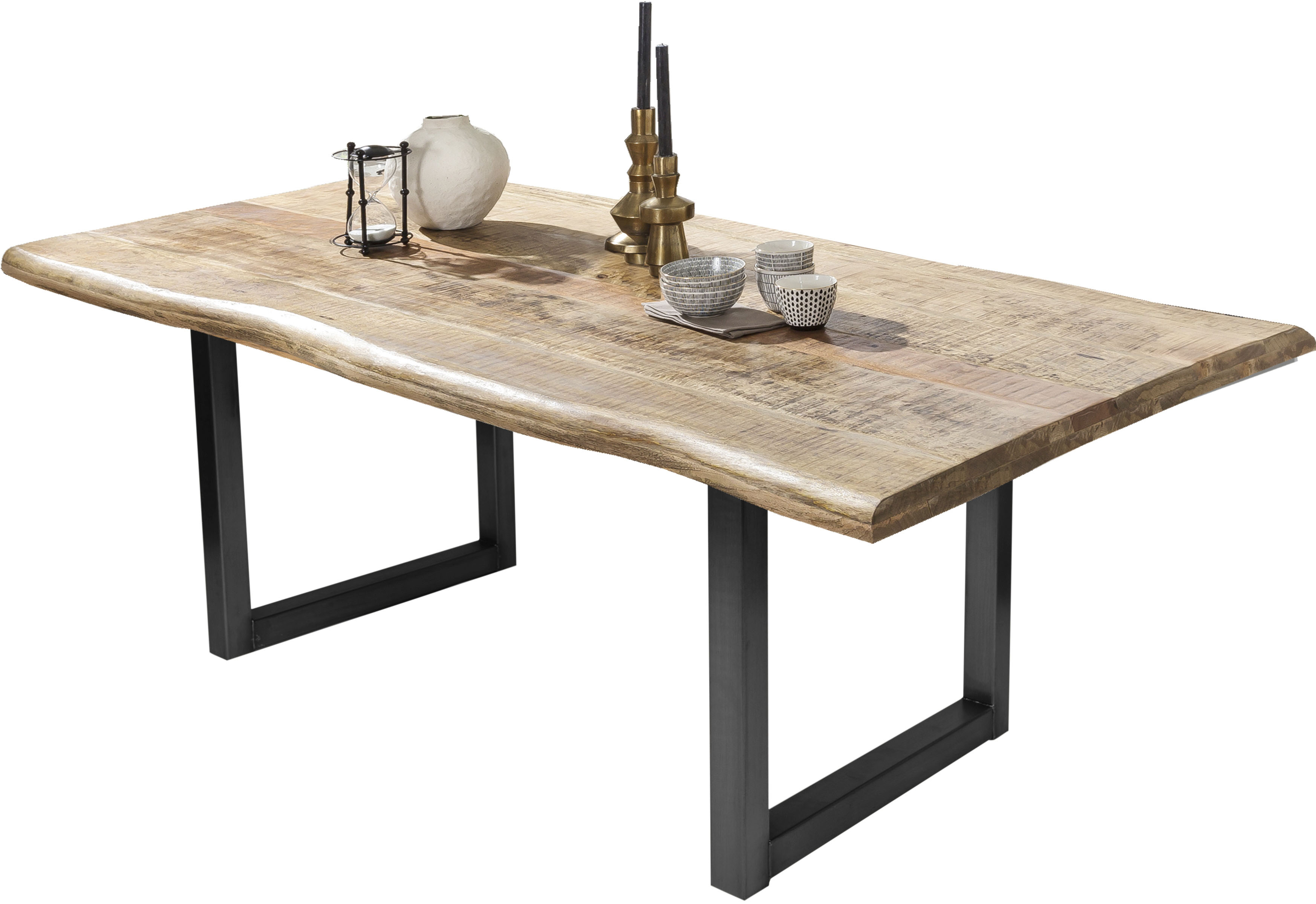 Baumkantentisch SIT, braun (natur, antikschwarz, antikschwarz, natur), B:220cm H:76cm T:100cm, Platte Mango massiv, Gestell Metall, Tische, trendiges Kufen-Gestell