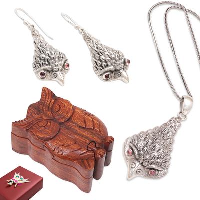 Precious Owl,'Puzzle Box Amethyst Necklace & Earrings Owl Curated Gift Set'