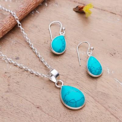 Blissful Aqua,'Reconstituted Turquoise Necklace and Earrings Jewelry Set'