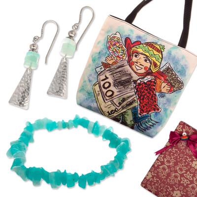 Andean Serenity,'Tote Bag Opal Earrings & Amazonite Bracelet Curated Gift Set'