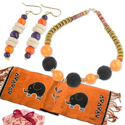 Sunset Serenade,'Curated Gift Set with Ginger Necklace Earrings Table Runner'
