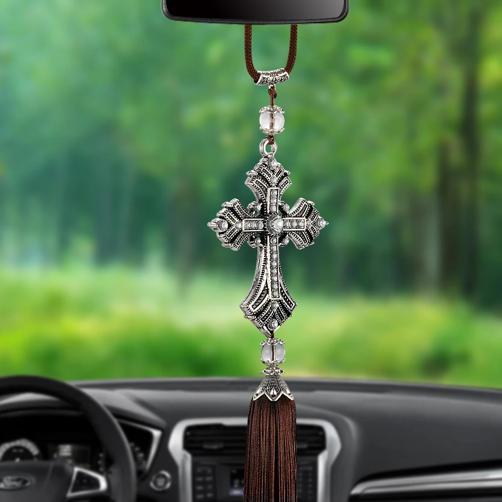 Rétroviseur de voiture en métal et cristal, croix de diamant, jésus chrétien, pendentif de voiture, accessoires de voiture suspendus, décoration automobile