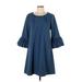 Nina Leonard Casual Dress - Mini Crew Neck 3/4 sleeves: Blue Solid Dresses - Women's Size Large