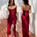 Chemise de nuit en satin bordeaux pour femmes chemise de nuit longue fendue vêtements de nuit à