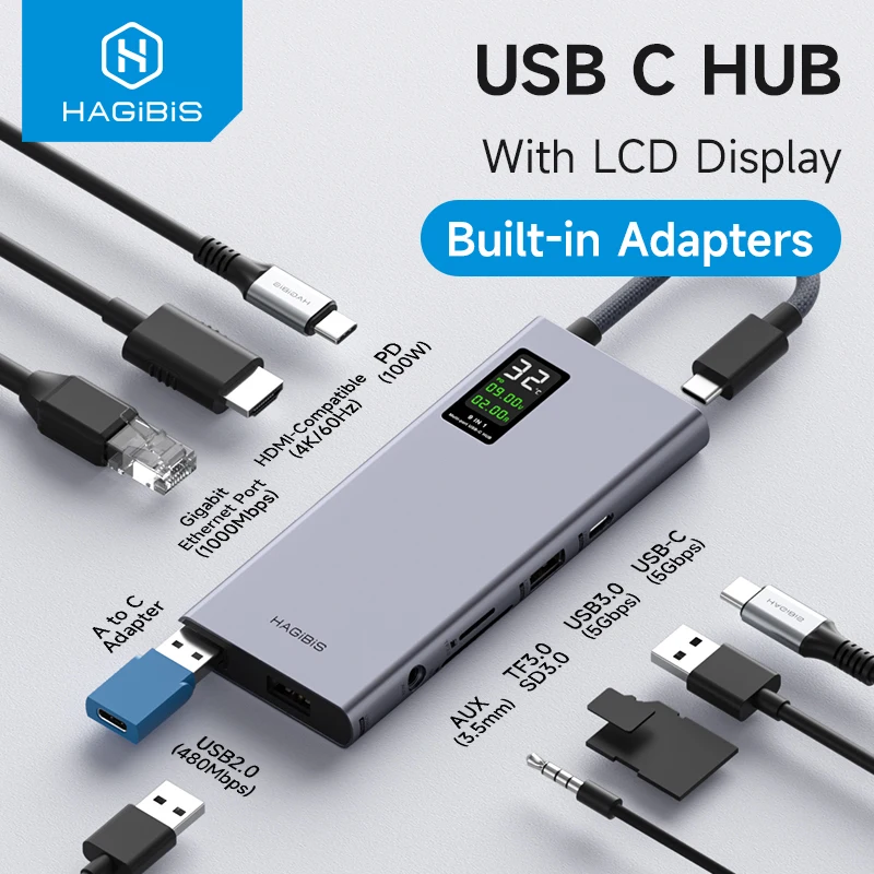 Hagibis USB C Hub mit LCD-Display Typ C Multiport-Adapter 4K HDMI-kompatibel 100W PD Gigabit Ethernet für MacBook Pro iPad HP Image