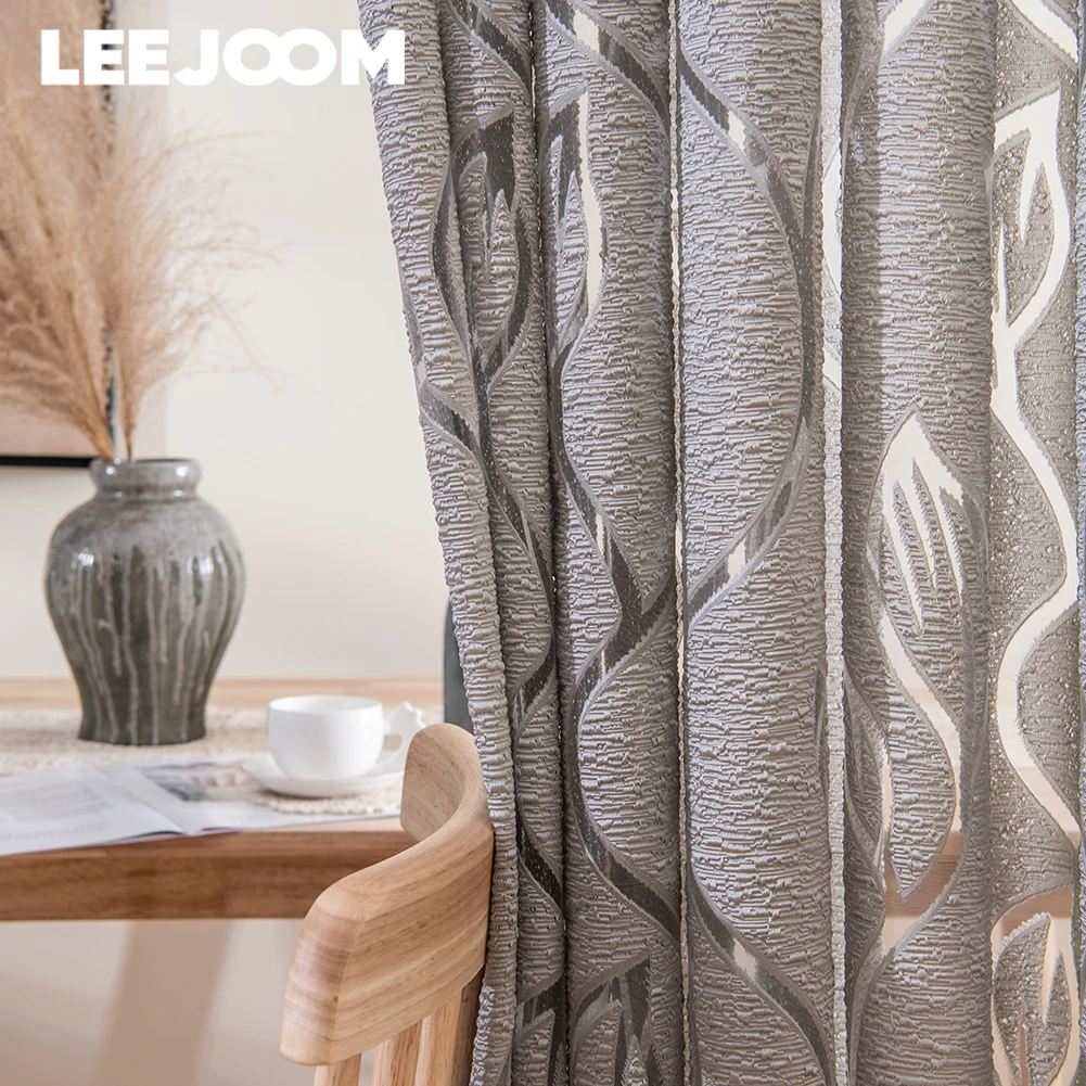 LEEJOOM Jacquard Blatt Designer Grau Polyester Faser Fenster Bildschirm Boden Fenster Bildschirm Vorhang Für Küche Schlafzimmer Home Decor