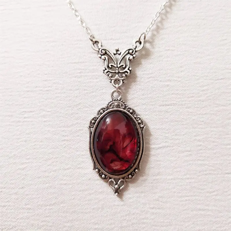 Gothic Blut Rot Quarz Charm Halskette Oval Anhänger Halskette Für Frauen Halloween Vampir Geprägte Hexe Schmuck Vintage Colliers Image