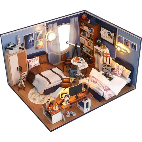 DIY Holz Schlafzimmer Casa Puppe Häuser Miniatur-Baukästen mit Möbeln LED-Lichter Puppenhaus