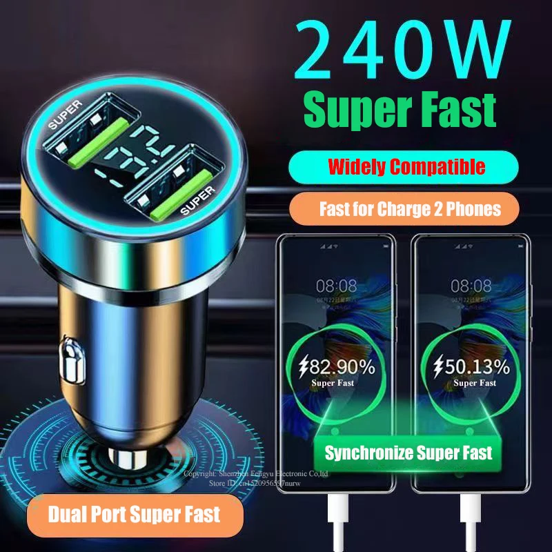 2-Port-Superschnelles USB-Autoladegerät für iPhone 14 Pro Max 13 12 11 Oneplus Huawei OPPO Samsung Xiaomi 240 W Schnellladeadapter Image