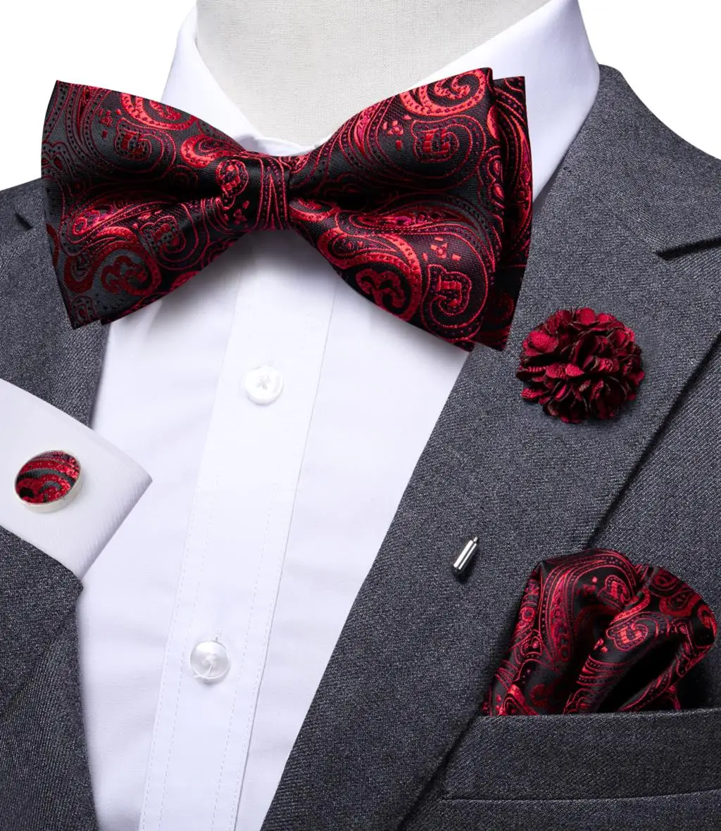 Hi-Tie Herren-Fliege aus Seide, Einstecktuch, Manschettenknöpfe, Broschen-Set, Jacquard-Fliege mit Schmetterlingsknoten für männliche Hochzeitsveranstaltungen, Trauzeuge Image