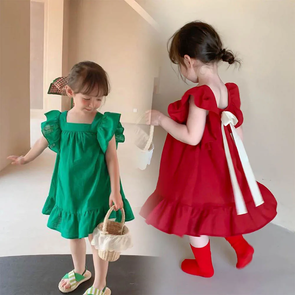 Sommer Mädchen Kleider Fliegende Ärmel Kleid Lässige Rüschen Kleider Solide Zurück Bowknot A-linie Baby Kleider Kinder Kleidung Image