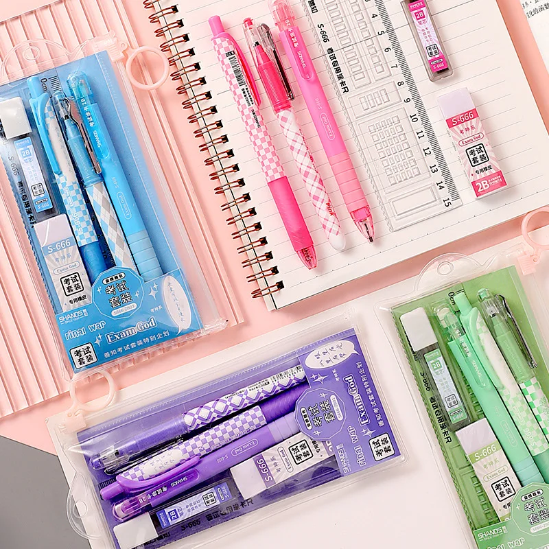 6-teiliges Studenten prüfungs briefpapier, 2 stücke schwarzer Tinten gel stift, 1-teiliges Zeichen lineal, 1-teiliger Bleistift 1-teilige Bleistift nachfüllung 1-teiliger Radiergummi, Lea Image