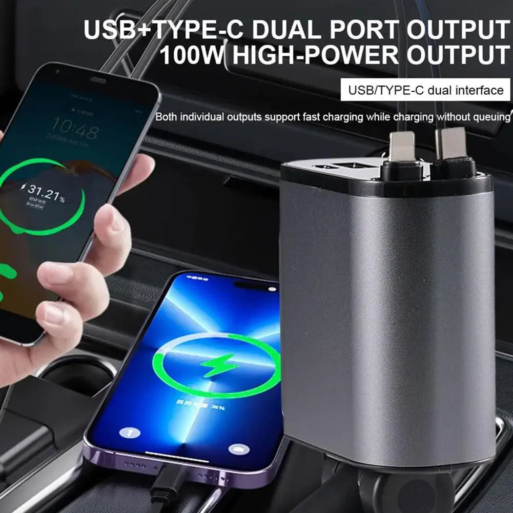 100 W 4 IN 1 einziehbares Autoladegerät USB Typ C Kabel für IPhone Huawei Samsung Schnellladekabel Zigarettenanzünder-Adapter Image
