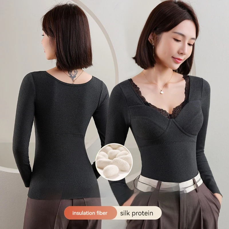 Herbst Winter Sexy Spitze Große Tasse Ein Stück Warme Mantel Langarm Bottom Top für Frauen Tragenlosen Bh Und Warme Top Image