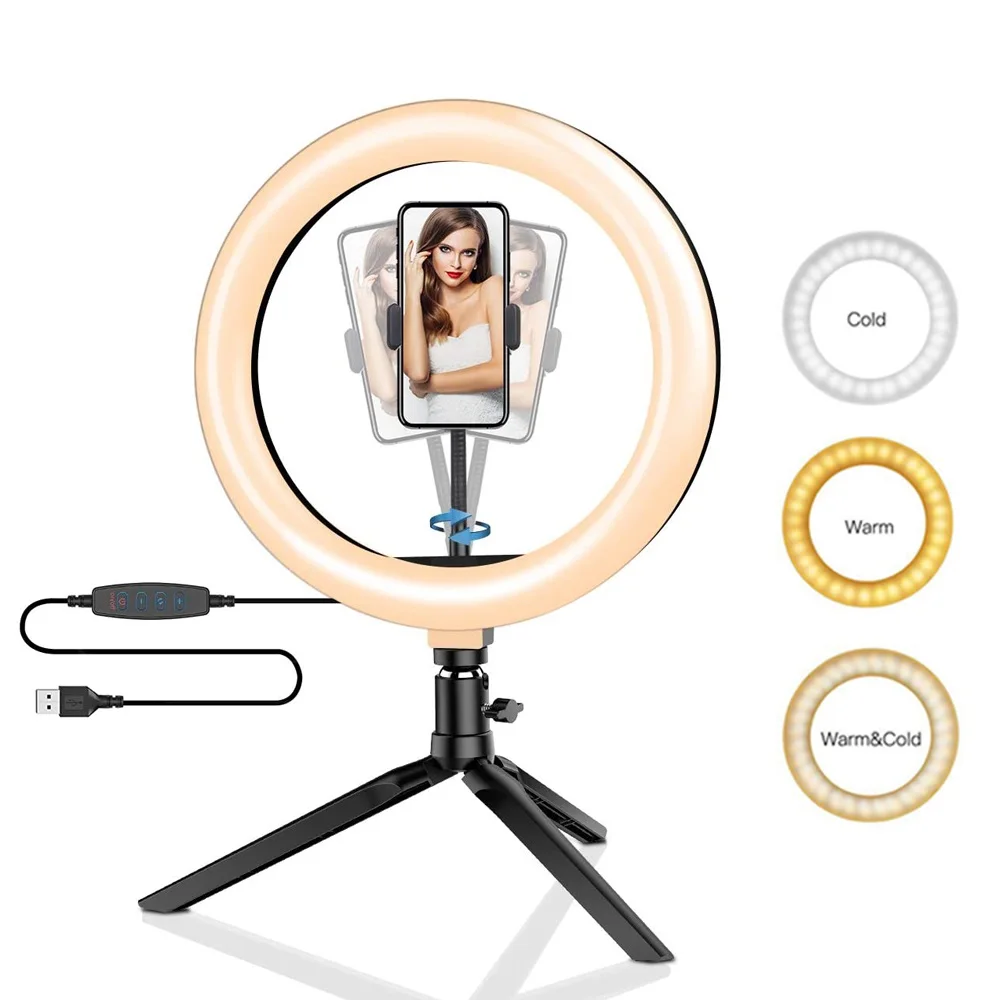 26 centimetri 10 pollici Led Anello Selfie Luce Dimmerabile Fotografia Kit di illuminazione Lampada di ricarica USB con treppiede per video dal vivo 120 Perline lampada