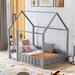 Full Size Wood Bed House Bed Frame with Fence & Roof for Kids, Teens, Girls, Boys Floor Bed are not included Slats