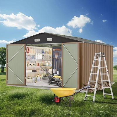 12'x10' Outdoor Metal Storage Shed with Lockable Doors and Sloping Roof