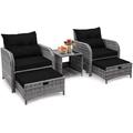 xrboomlife 5 Pieces Wicker Outdoor Patio Chairs Set with Ottoman Patio Conversation Set with Ottoman Underneath All Weather PE Rattan Balcony Set & End Table Black