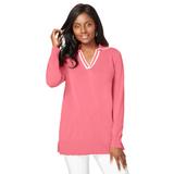 Plus Size Women's Fine Gauge Contrast Tipped Collar Sweater by Jessica London in Tea Rose White (Size 1X)