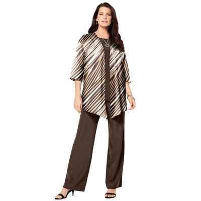 Plus Size Women's Three-Piece Pantsuit by Roaman's in Chocolate Abstract Stripe (Size 28 W)