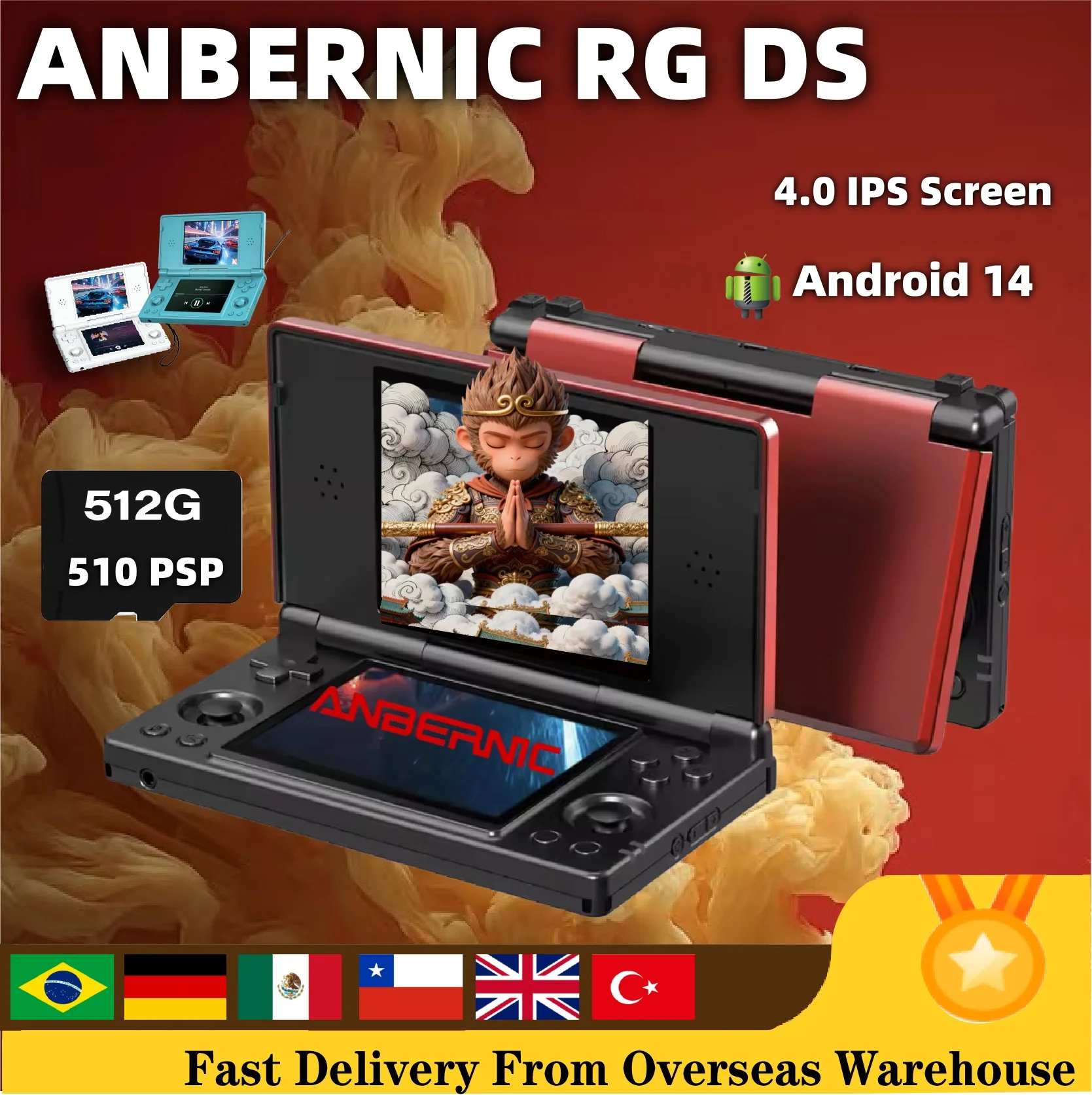 Console di Gioco Portatile ANBERNIC RG DS con Schermo Multi-touch IPS da 4 Pollici, Android RK3568 64-bit, Batteria da 4000mAh, Doppio Schermo Ribaltabile, Lettore di Videogiochi