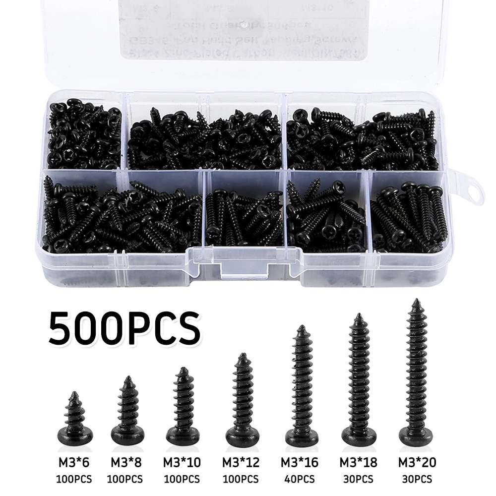 340/500 stücke Pan Head Gewindes ch neids ch raube Kreuzkopf m3/m4/m3, 5/m 4,8 selbst schneidender Schraubens atz Sortiment Kit Möbel Kohlenstoffs tahl schrauben Image