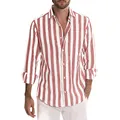Sommer Männer Leinen hemd Langarm Streifen druck Baggy Down-Kragen Knopf Shirts Tops männliche