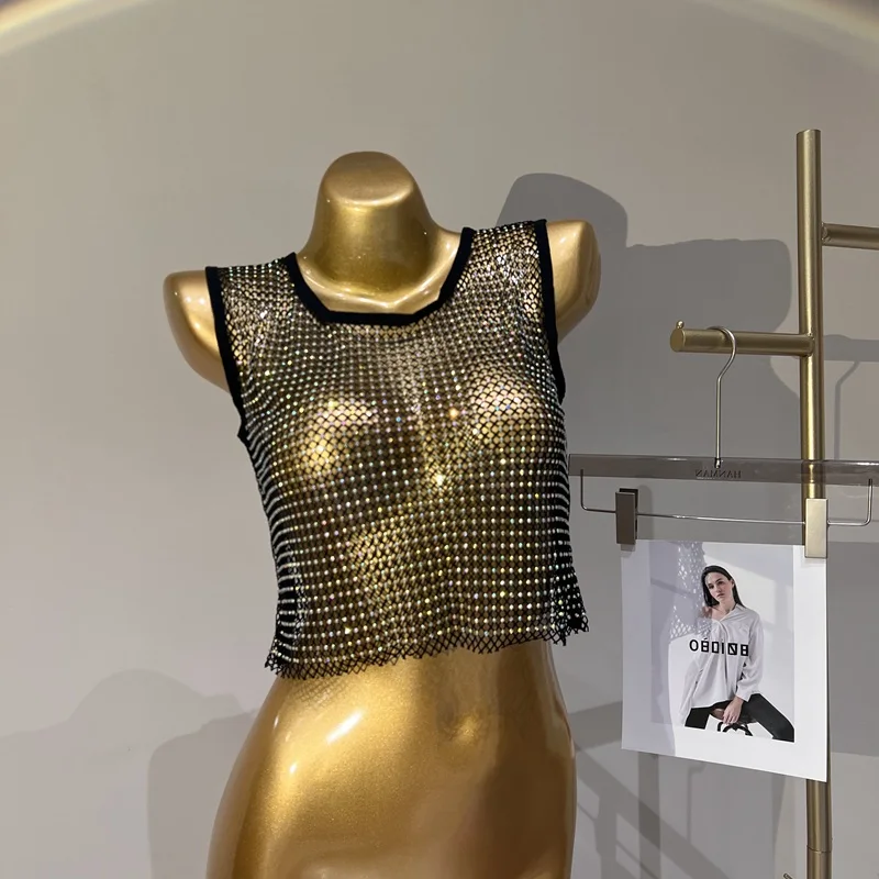 2023 Sommer Mesh Kristall sexy kurze Panel Tank bunte Diamant Innen party glänzend sexy taillen lose Top Image