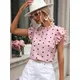 Mode Chiffon Druck Damenhemd Casual Rüschen Kurzarm Top Rosa Chic Frau Bluse und Hemden Elegante