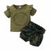 Fimkaul Girls Outfits Set Suit Autumn Short Sleeved Letter Print Top + Camouflage Shorts Suit Fashion Casual Suit Clothes Set Baby Clothes Green