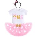 IBTOM CASTLE Toddler Baby Girls 1st 2nd 3rd Birthday Outfit Polka Dots Romper Tutu Skirt Mouse Ears Headband Cake Smash Clothes for Photo Props 1 Year Pink