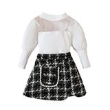 Qtinghua Toddler Baby Girls Fall Outfits Mesh Long Sleeve Shirt Tops and Elastic Plaids A-Line Skirt Clothes Black 6-12 Months