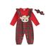 Newborn Baby Girl Christmas Outfit Elk Pattern Ruffle Long Sleeve Plaid Jumpsuits Overalls Fall Romper with Headband Set